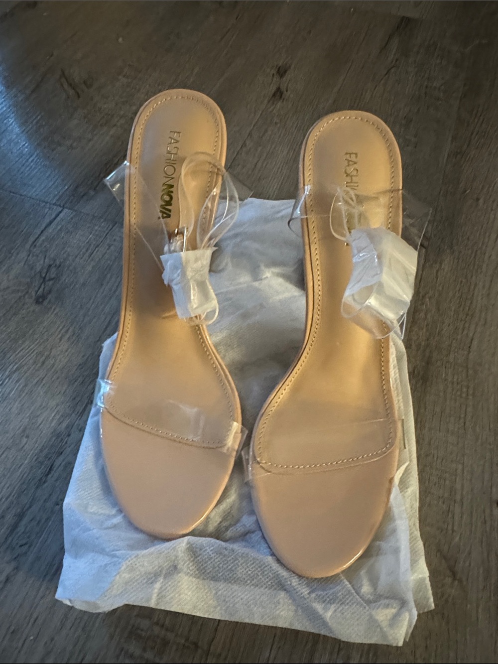 Fashion Nova Nude Clear-Strap Slide Heels